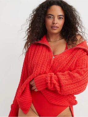 Aerie Chunky Cable Quarter Zip-Front Sweater in Red